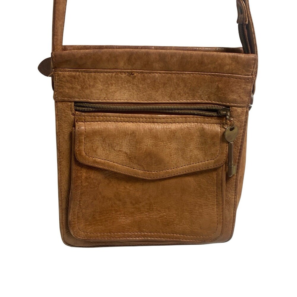 Fossil Vintage Handbag Tan Genuine Leather Crossbody Shoulder Bag Key Charm